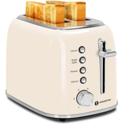 Image of Aigostar Toaster 2 Slice, Retro Wide Slot Stainless Steel 800W for Toasting Bagels Breads, Defrost Reheat Cancel Functions, 6 Browning Settings, Removable Crumb Tray, Cream White