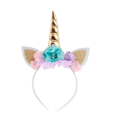 Image of Nishine Gold Glitter Unicorn Horn Headband Cat Ear Flower Head Bands Accessory for Birthday Party Supplies(Gold), Gold, baby