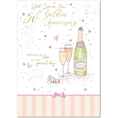 Image of doodlecards Our Golden 50th Wedding Anniversary Card Champagne Large A4 Size with Plain Envelope