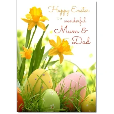 Image of doodlecards Mum and Dad Easter Card Daffodils &amp; Eggs Medium Size with Plain Envelope