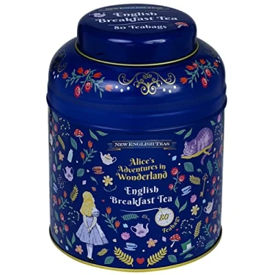 Image of New English Teas Midnight Alice in Wonderland Tea Caddy with 80 Breakfast Teabags