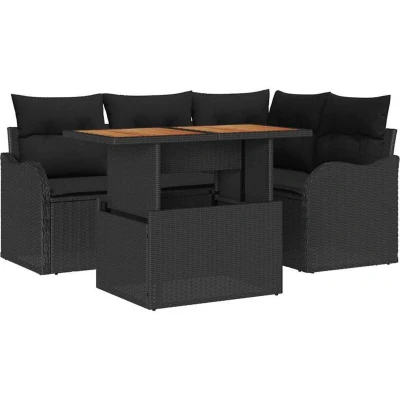 Image of vidaXL 5 Piece Garden Sofa Set with Cushions Black Poly Rattan Acacia