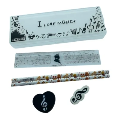 Image of Music Themed Stationery Set, Pencil Box with Eraser, Sharpener, Ruler