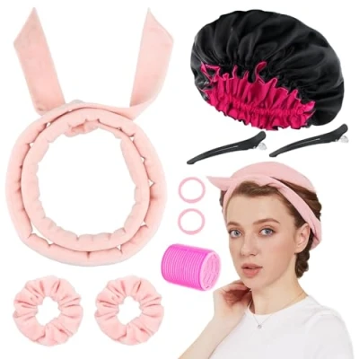 Image of 9 PCS Heatless Curlers Headband Set, Soft Velour Curls, Overnight Hair Curling, No Heat for Short &amp; Long (Pink, 9Pcs)