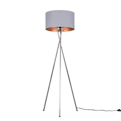 Image of MiniSun Modern Polished Chrome Metal Tripod Floor Lamp with a Grey &amp; Copper Cylinder Shade