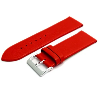 Image of Fine Calf Leather Watch Strap Band 30mm Red with Chrome (Silver Colour) Buckle. Free Spring Bars (Watch Pins)