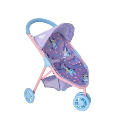Image of Bluey Jogger Dolls Pram Toy Buggy Baby Doll Pushchair Childrens Stroller Easy Fold Role Play Adjustable Hood, Swivel Wheels, Under Seat Storage 3+