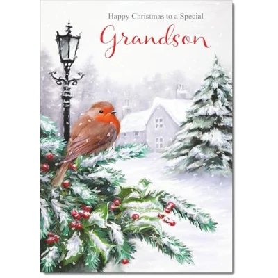 Image of doodlecards Grandson Christmas Card Robin by Lamp Medium Size for with Plain Envelope