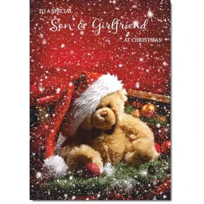 Image of doodlecards Son and Girlfriend Christmas Card Bear with Santa Hat Medium Size for &amp; Plain Envelope