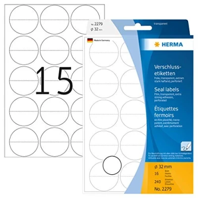 Image of HERMA Clear Seal Stickers, 240 Labels, Ø 32 mm, 15 Labels per Sheet, Self Adhesive Perforated Round Sealing Blank Sticky Dots with Perforation for Envelopes Boxes Packaging, Transparent