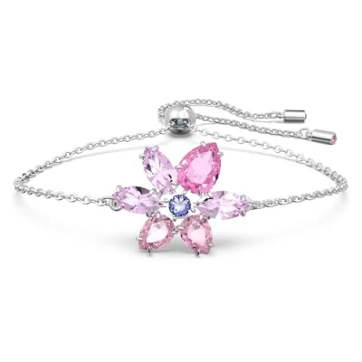 Image of Swarovski Gema bracelet, Mixed cuts, Flower, Pink, Rhodium plated