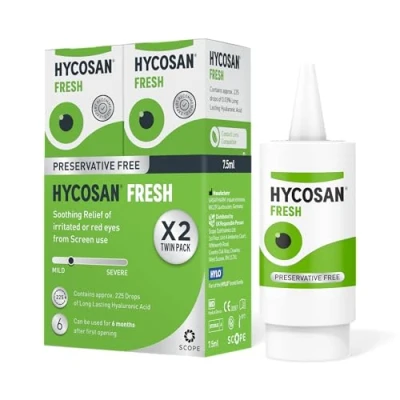 Image of Hycosan Fresh Twin Pack Eye Drops with Hyaluronic Acid for Soothing Relief of Mild Dry Eyes and Irritated or Red from Screen Use Preservative Free 2 x 225 Measured Doses