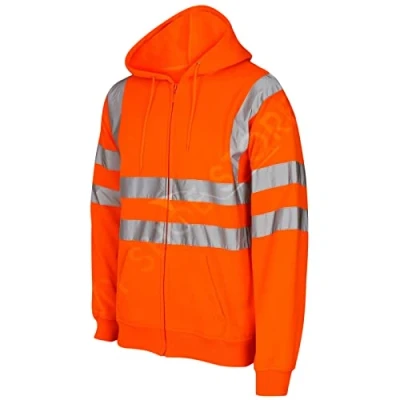 Image of Hi Vis Viz Hooded Sweatshirt High Visibility Reflective Tape Band Work Fleece Safety Sweat Shirts Security Jacket Workwear Hoodie Wear Hoody Jumper Top (Zip Orange, L)