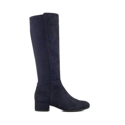Image of Dune Ladies Tayla Stretch Suede Knee High Boots Size UK 8 Block Heel Navy