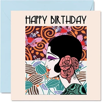 Image of Beautiful Birthday Cards for Women Her Art Deco Girl Happy Card Mum Sister Daughter Auntie Nanny Grandma Friend, 145mm x Ladies Cute Pretty Bday Greeting