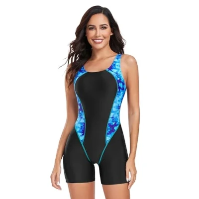Image of BEACHKINI Swimwear Women&#039;s Boyleg One Piece Swimsuit Sports Swimming Open Back Competitive Bathing Suit,Block,UK 10