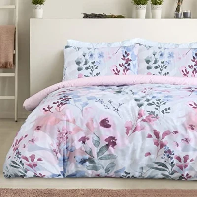 Image of Sleepdown Botanical Leaves Floral Blush Pink Blue Reversible Duvet Cover Quilt Pillow Cases Bedding Set Soft Easy Care Double (200cm x 200cm)
