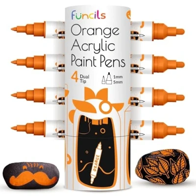 Image of 4 Dual Tip Orange Paint Pen Metallic Fine &amp; Medium Acrylic Markers Marker for Metal, Wood, Rock Painting, Canvas, Ceramic, Glass, Fabric, Leaf and Plastic Water based Ink