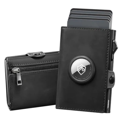 Image of YESIIW Airtag Mens Wallets, Slim Real Leather Wallets for Men RFID Blocking, Pop up Card Holder Wallet Apple Airtag, Minimalist with Coin Pocket and ID Window, Black