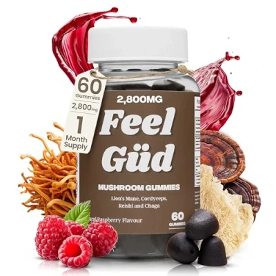 Image of FeelGud 4 in 1 Mushroom Food Supplement Lion&#039;s Mane, Chaga, Cordyceps, Reishi 2,800mg Extract 60 Raspberry Flavour Gummies