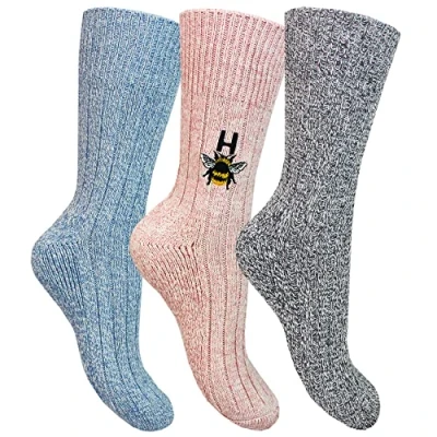Image of TeddyTs Personalised Women&#039;s Bumblebee Initial Chunky Wool Blend Socks (3 Pair Pack) (Pastel Blue, Light Pink, Charcoal)