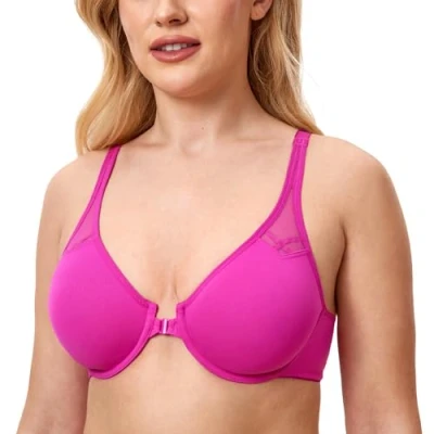 Image of Delimira Women&#039;s Front Fastening Bras Underwire Non Padded Plunge Racer Back Comfort Plus Size Bra Hibiscus Purple 38DD
