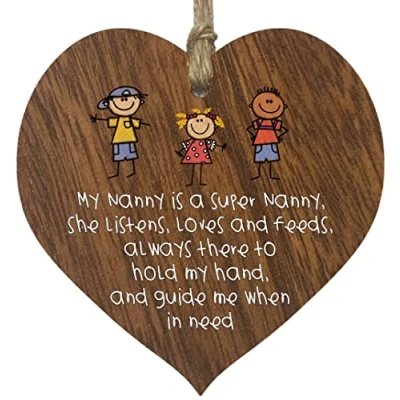 Image of Dark Wooden Heart Sign Plaque Super Nanny Hanging Wood Signs Plaques, Best Gifts From Grand Daughter, Presents For Nanny, Gift Gifts,