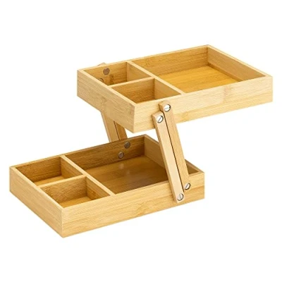 Image of Navaris Bamboo 2 Tier Organiser Extendable Counter Top or Desk Tidy Storage System with Levels for Home Work Office/Living Room/Bedroom
