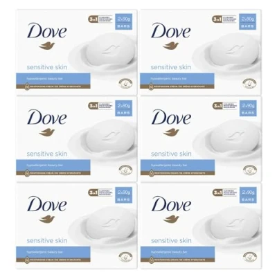 Image of Dove Hypoallergenic Beauty Cream Bar 3 in 1 Cleanses, Moisturises and Nourishes Sulphate Free Bath Soap for Soft Smooth Skin, Specially Made Sensitive Skin 2x90g, 6 Pack
