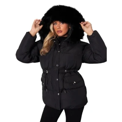 Image of SS7 Womens Puffer Jacket Padded Parka Coat with Faux Fur Hood Black