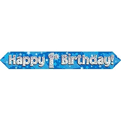 Image of 9ft Banner Happy 1st Birthday Blue Foil Holographic