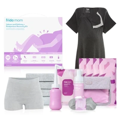 Image of Frida Mom Labour, Delivery, &amp; Postpartum Kit, All in One Labour + Essentials, Includes Maternity Pads, Peri Bottle, Mum Socks, Nursing Gown, Disposable Knickers with Storage Caddy, 36pc Set
