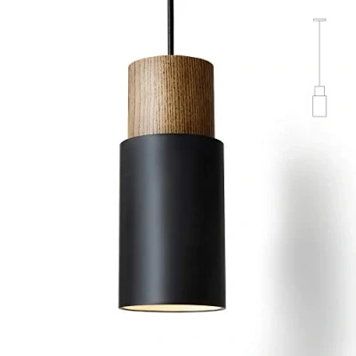Image of ouglres Black Cylinder Pendant Light,Wood Lights for Kitchen Island,Durable Metal Shade,Adjustable Breakfast Bar Lights,Industrial E27 Hanging Lamp Dining Table,Bedroom,1pack