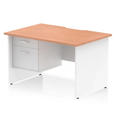 Image of Impulse 1200 x 800mm Scalloped Edge Straight Office Desk Beech Top White Panel End Leg Workstation 1 2 Drawer Fixed Pedestal