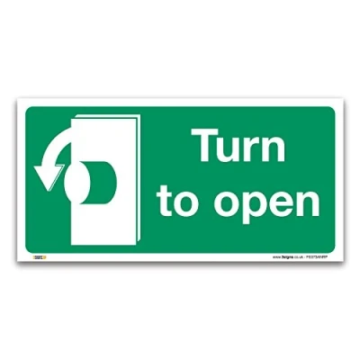 Image of Turn To Open Anti Clockwise Sign, 1mm Rigid Plastic 100x50mm, British Standard Fire Safety Door Signs