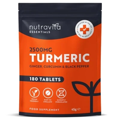 Image of Turmeric Tablets 2500mg with Black Pepper, Ginger &amp; Curcumin 180 High Strength Tumeric Supplements (3 Month Supply) Vegan Alternative to Capsules Letterbox Friendly Made in UK Nutravita