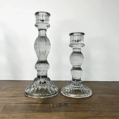 Image of pf+a Set of 2 Vintage Style Candlestick Holder Glass Holders Dinner candle holder/Home Decor (Grey)