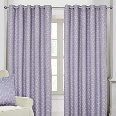 Image of HOMESCAPES Lilac Geometric Blackout Curtains Pair Width 228cm (90&quot;) x 182cm (72&quot;) Drop Genuine 3 Pass Lining Heavy Weight Jacquard Eyelet Curtain