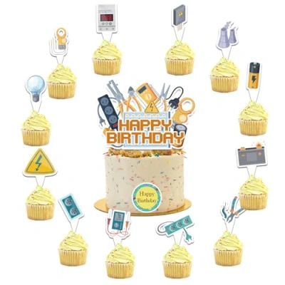 Image of 25 Pcs Electrician Cake Decorations Topper Cupcake Toppers for Birthday Party Power Lineman Supplies