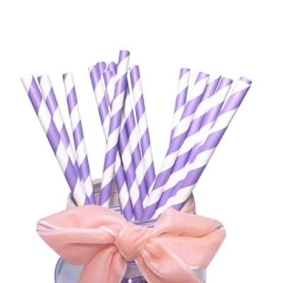Image of Purple and White Striped Paper Straws, 100 Pack Lilac Lavender Stripes Drinking 100% Biodegradable Eco Friendly Straws for Parties, Birthdays, Weddings, DIY Decorations