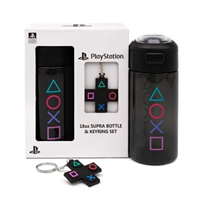 Image of PlayStation Water Bottle &amp; Keychain Gift For Adults Kids Gaming Sports Drink 18oz Boy Girl Gamer Present Black Waterproof Straw Drinking Cup