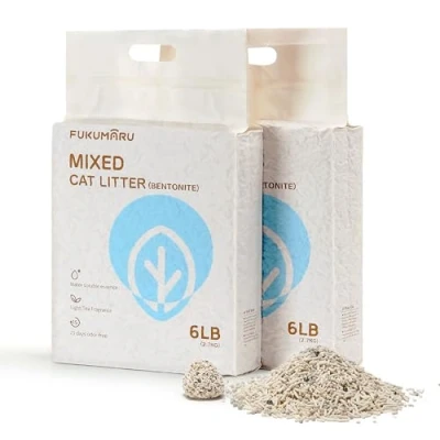 Image of FUKUMARU Mixed Tofu Cat Litter, Strong Clumping Litters, Effective Oder Control, Dust Free and Ultra Absorbent Flushable Bentonite White Tea Direct to Toliet, 5.4Kg(2 Packs)