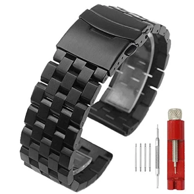 Image of 5 Rows Stainless Steel Watch Band for Men Black Metal Strap Bracelet Classy 22mm Dress Bands Women Deployment Clasp