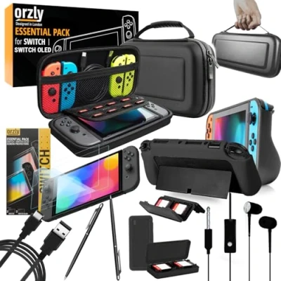 Image of switch Accessories Bundle Orzly Essentials Pack for Nintendo OLED Case &amp; Screen Protector , Grip Case, Games Holder, Headphones Classic Black Edition