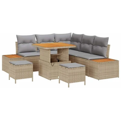 Image of vidaXL 8 Piece Garden Sofa Set with Cushions Beige Poly Rattan Acacia