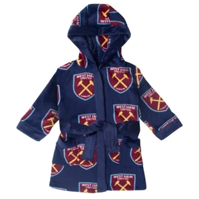 Image of West Ham United FC Official Baby Hooded Fleece Dressing Gown Navy 6 12 Months