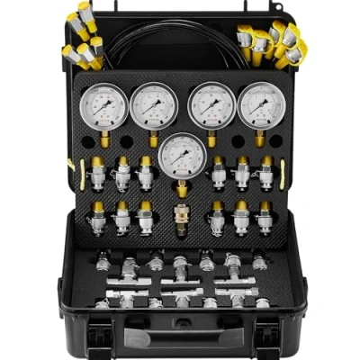 Image of Hydraulic Pressure Test Kit, 10/100/250/400/600bar, 5 Gauges 13 Couplings 14 Tee Connectors Hoses, Excavator Gauge Set with Carrying Case for Tractors Machinery