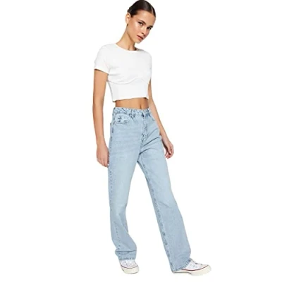 Image of Trendyol Women High Waist Straight Leg 90&#039;s Wide Jeans Blue