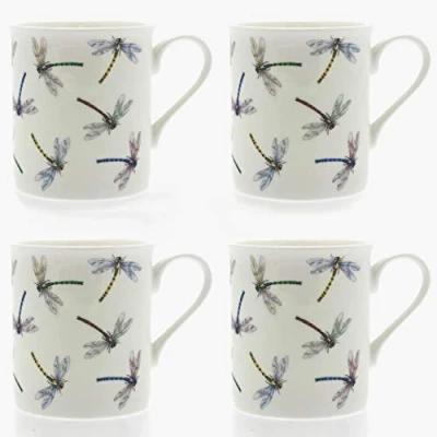Image of Set 4 Fine Bone China Mugs Dragonflies Design