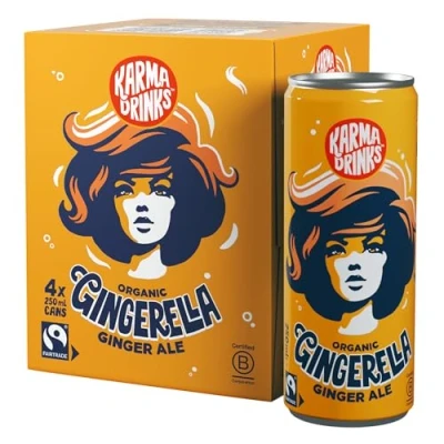 Image of KARMA Drinks Gingerella Ginger Ale (250 ml x 4 Cans Soft Drink), Organic, Gluten Free Organic Cola, Natural Ingredients, FairTrade, Vegan Friendly, No GMO, Carbonated Fizzy Pack